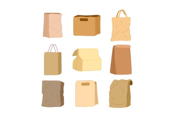 Download Paper Lunch Bag Set Cartoon Vector Illus - Premium Resources